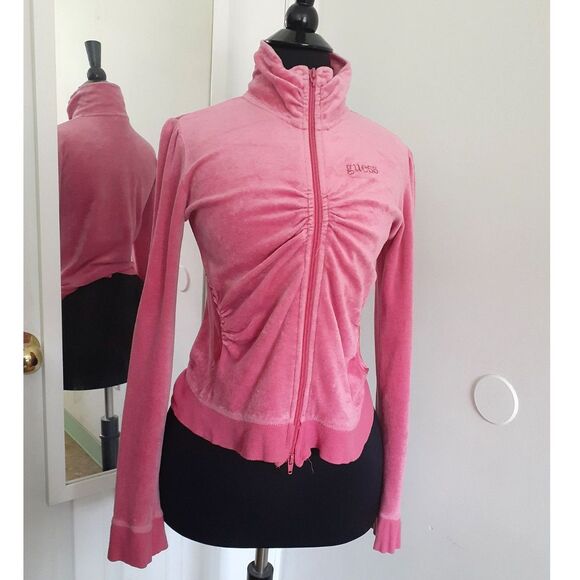 Y2K Guess Jeans Authentic FullZip Cinched Velour Preppy Girl Pink Hoodie Small - Picture 2 of 12